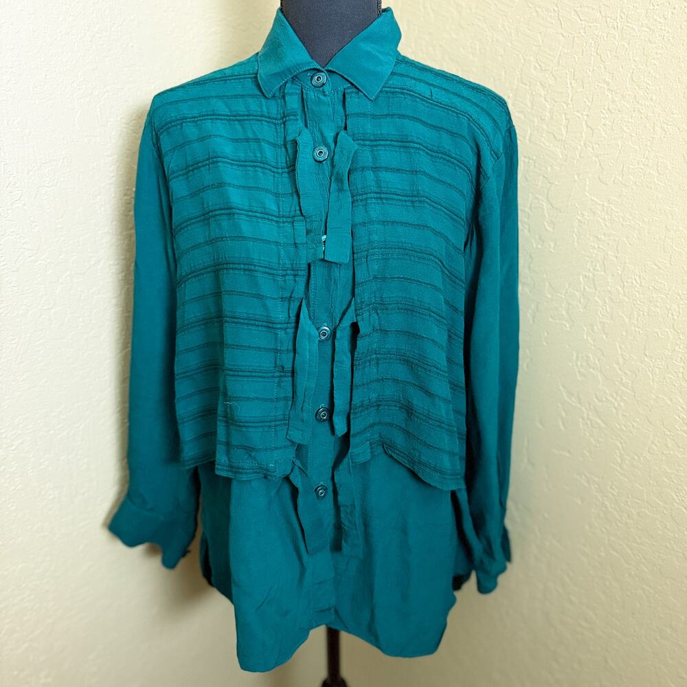 Vintage Nino Wong California Rayon Button Front Blouse Teal Small USA